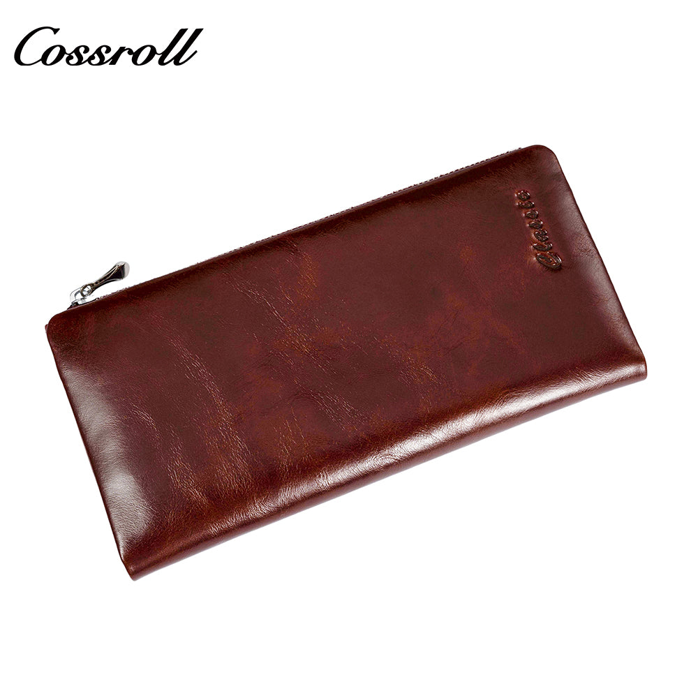 Factory Customized Women's Long Zipper Wallet Oiled Leather Money Wallet Vintage Dollar Clip