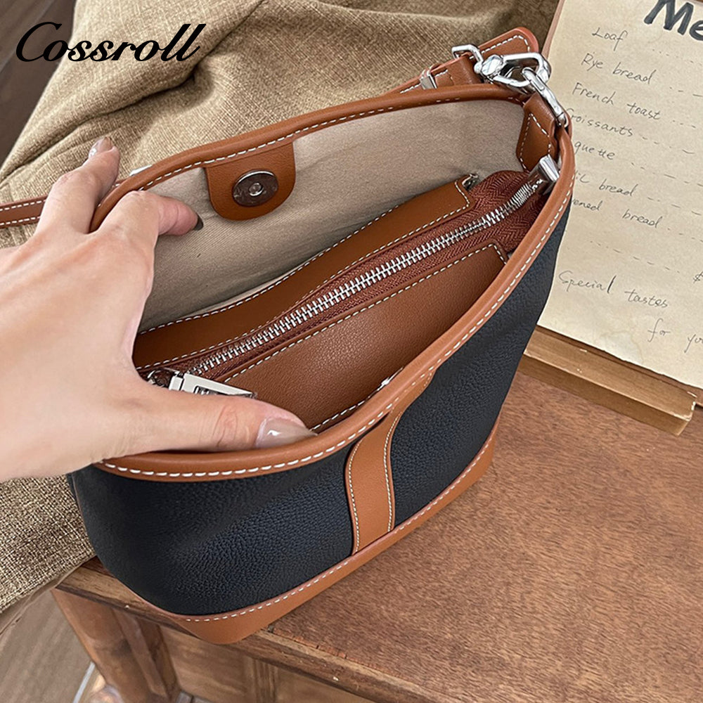 Simple fashion color collision commuter 2025 new togo head layer cowhide bucket bag shoulder bag