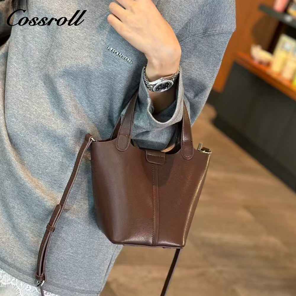 Vegetable Basket Bag Female Genuine Leather Commuter Niche Design Bucket Bag Head Layer Cowhide Single Shoulder Crossbody Bag