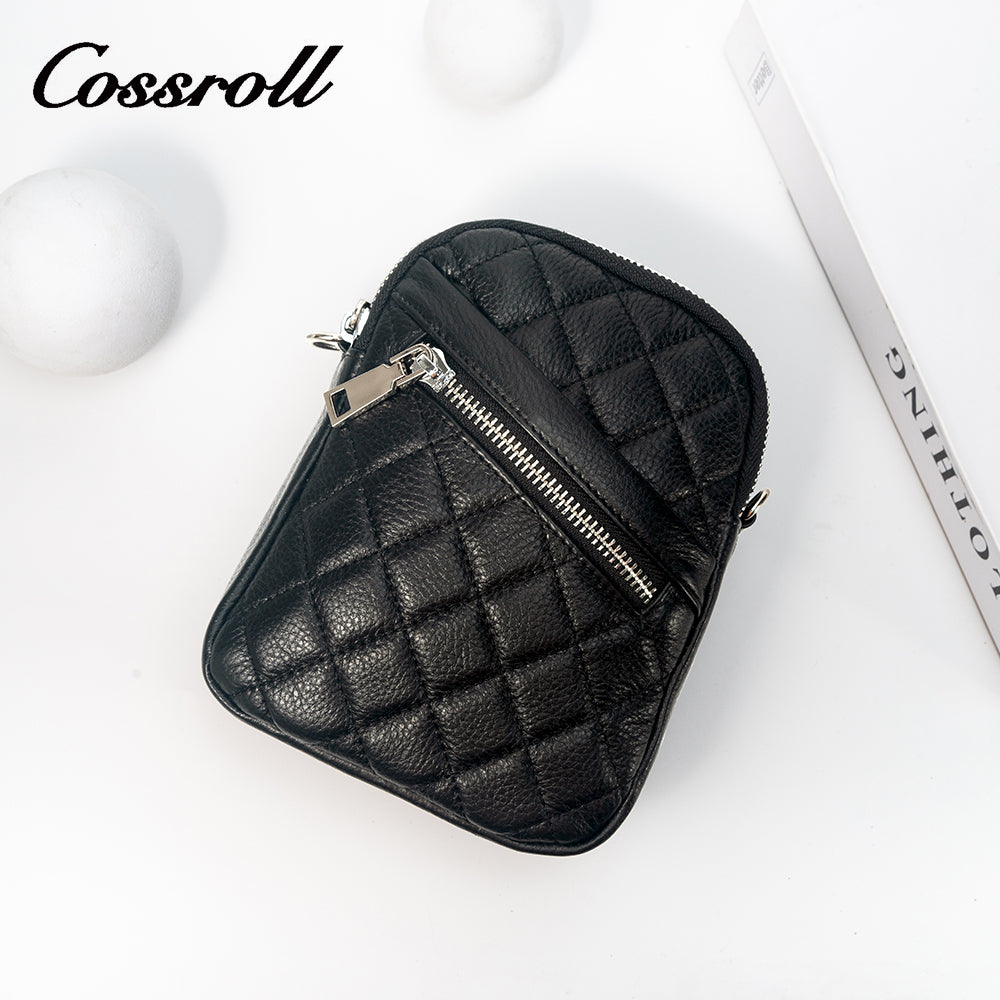Leather crossbody bag head layer cowhide diamond pattern 2024 new summer hour still shoulder bag zipper mini mobile phone bag