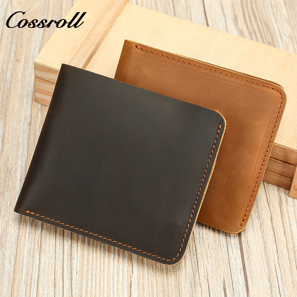Men's bifold wallet, Crazy Horse leather, vintage short wallet for coins