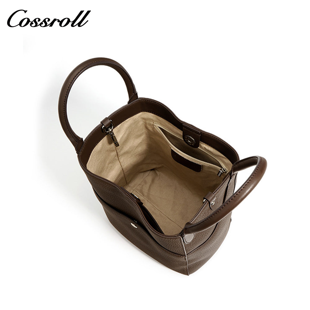 Genuine leather women's bucket bag, shoulder crossbody multi-pocket handbag