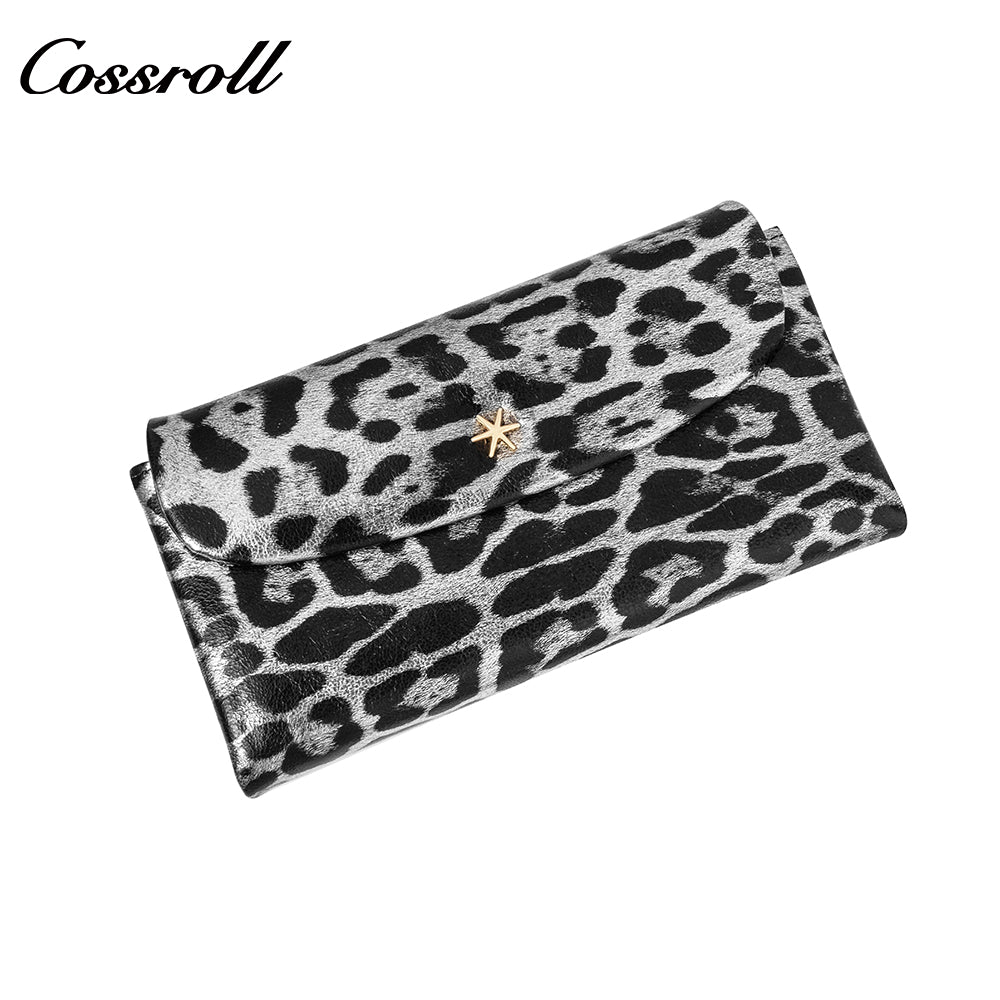 Pure cowhide long hand purse to put mobile phone Omnimatch 2024 new fashion leopard leather multi-card bill clip