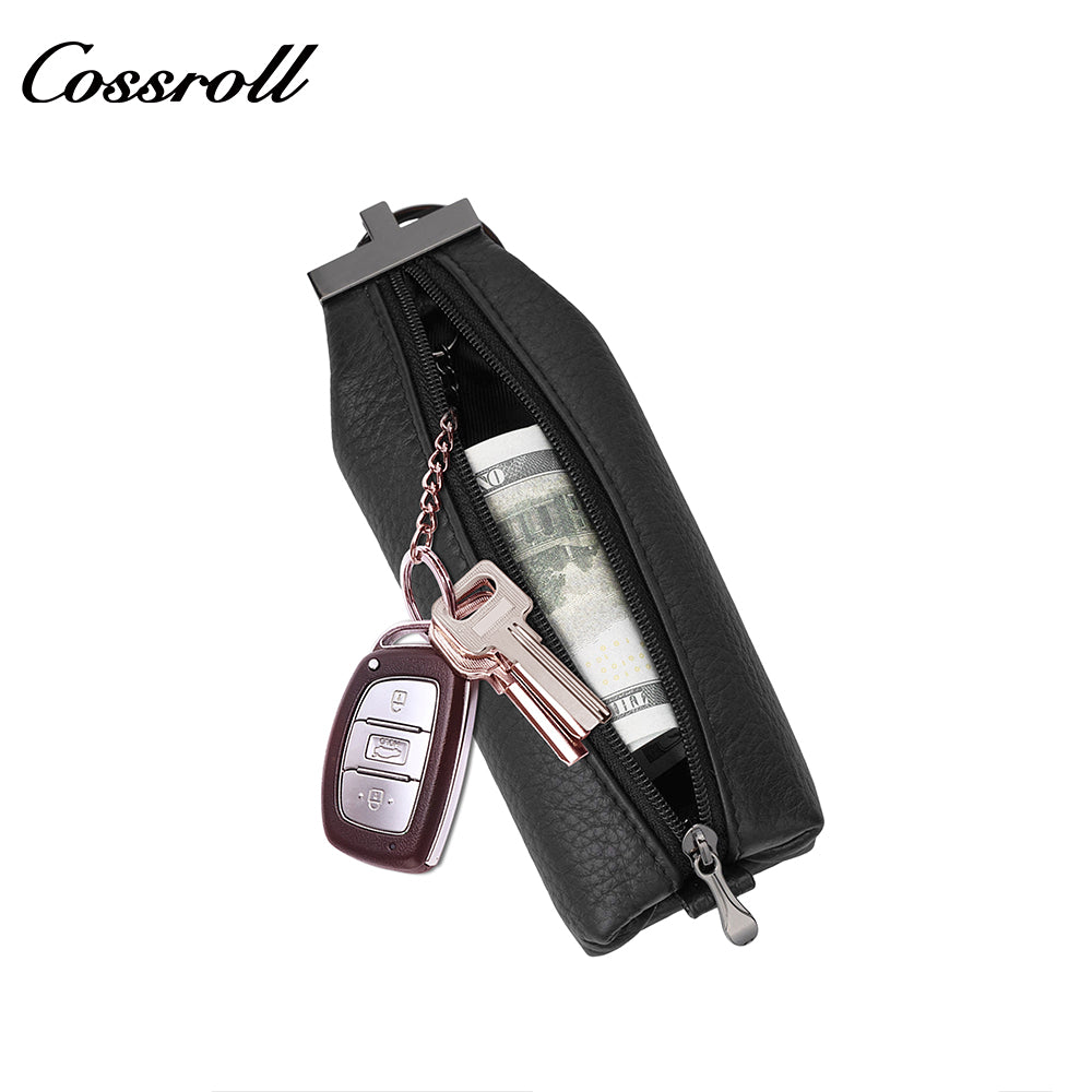 Practical men's cowhide leather key pouch with zipper universal coin purse
