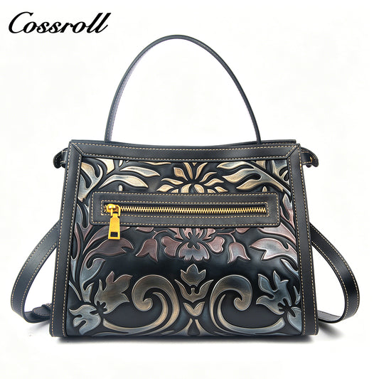 Niche Design Embossed Leather Bag, Vintage Genuine Leather Large Capacity Commuter Handbag & Crossbody Bag