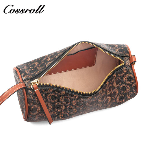Women Vintage C Monogram Cylinder Bag, Genuine Leather Dual-use Shoulder & Crossbody Barrel Purse