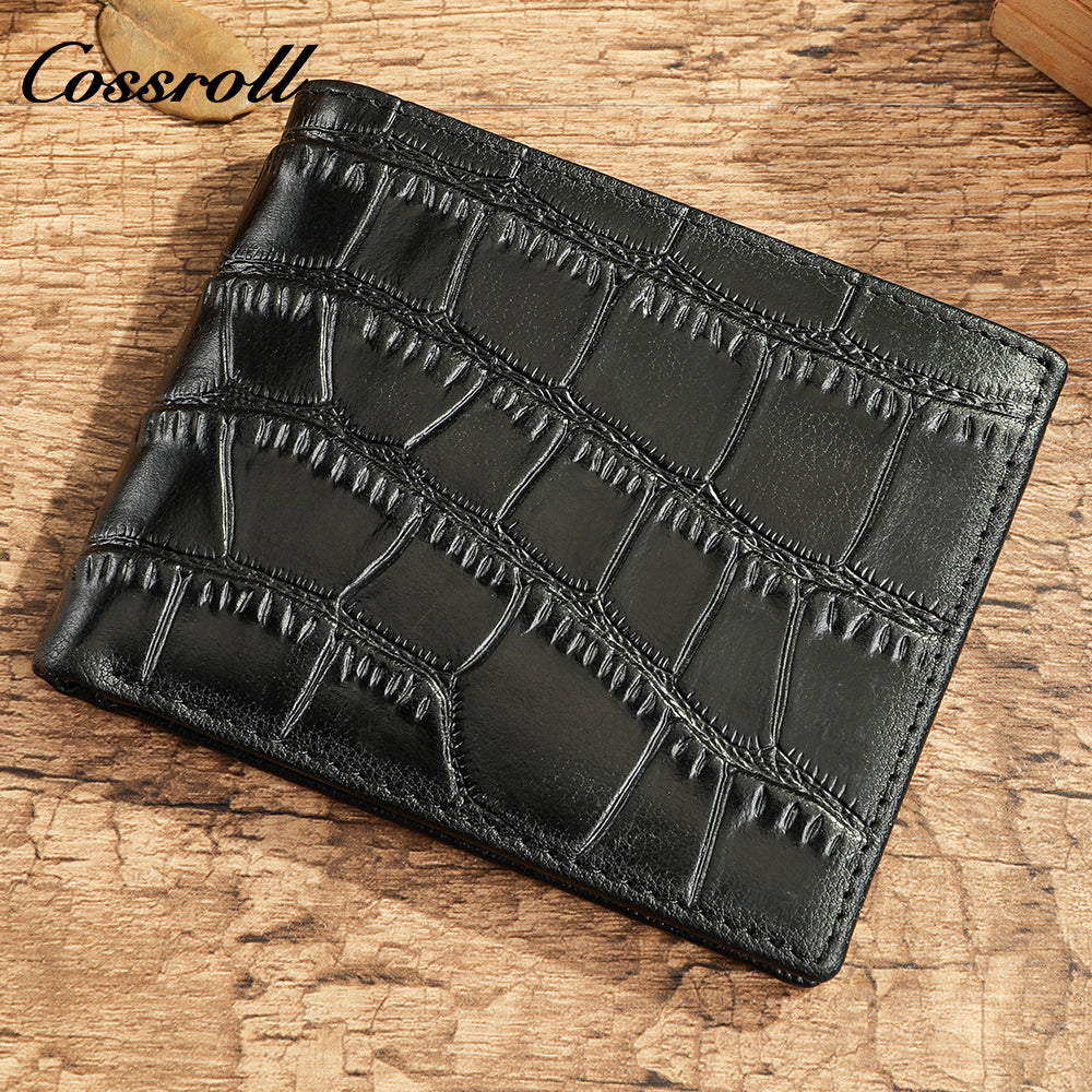Men's short ultra-thin large capacity crocodile grain leather handmade money clip head layer cowhide