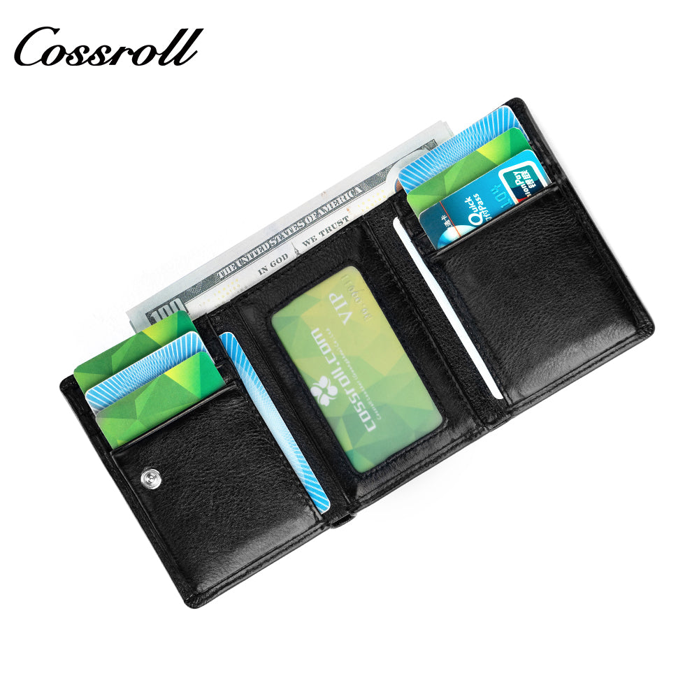 Genuine Leather Wallet Men's Head Layer Cowhide Black Trifold Wallet with Coin Position