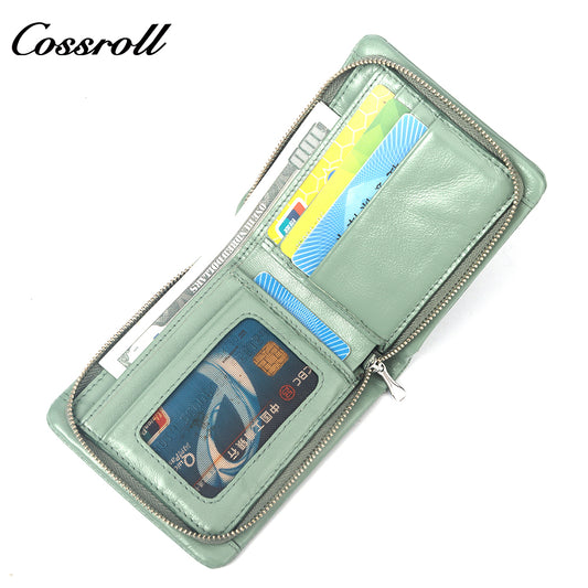 New leather women's long purse zipper wallet Large capacity waxed cowhide coin purse card wallet factory custom