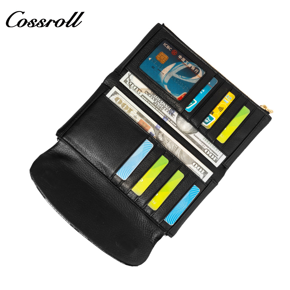 Pure cowhide long hand purse to put mobile phone Omnimatch 2024 new fashion leopard leather multi-card bill clip