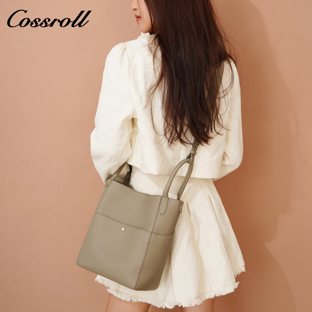 Genuine leather women's bucket bag, shoulder crossbody multi-pocket handbag