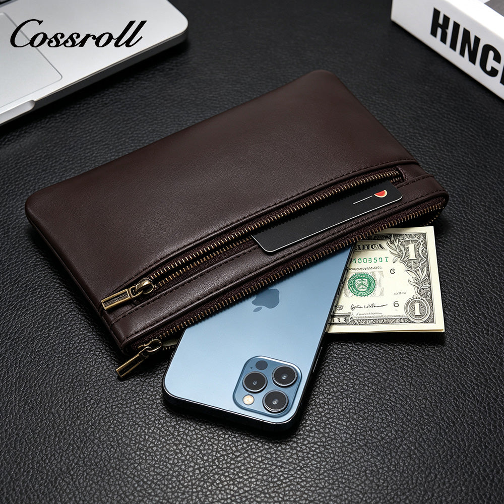 Vintage Genuine Leather Double Zipper Clutch Bag, Large Capacity Long Pouch for Coins & Documents