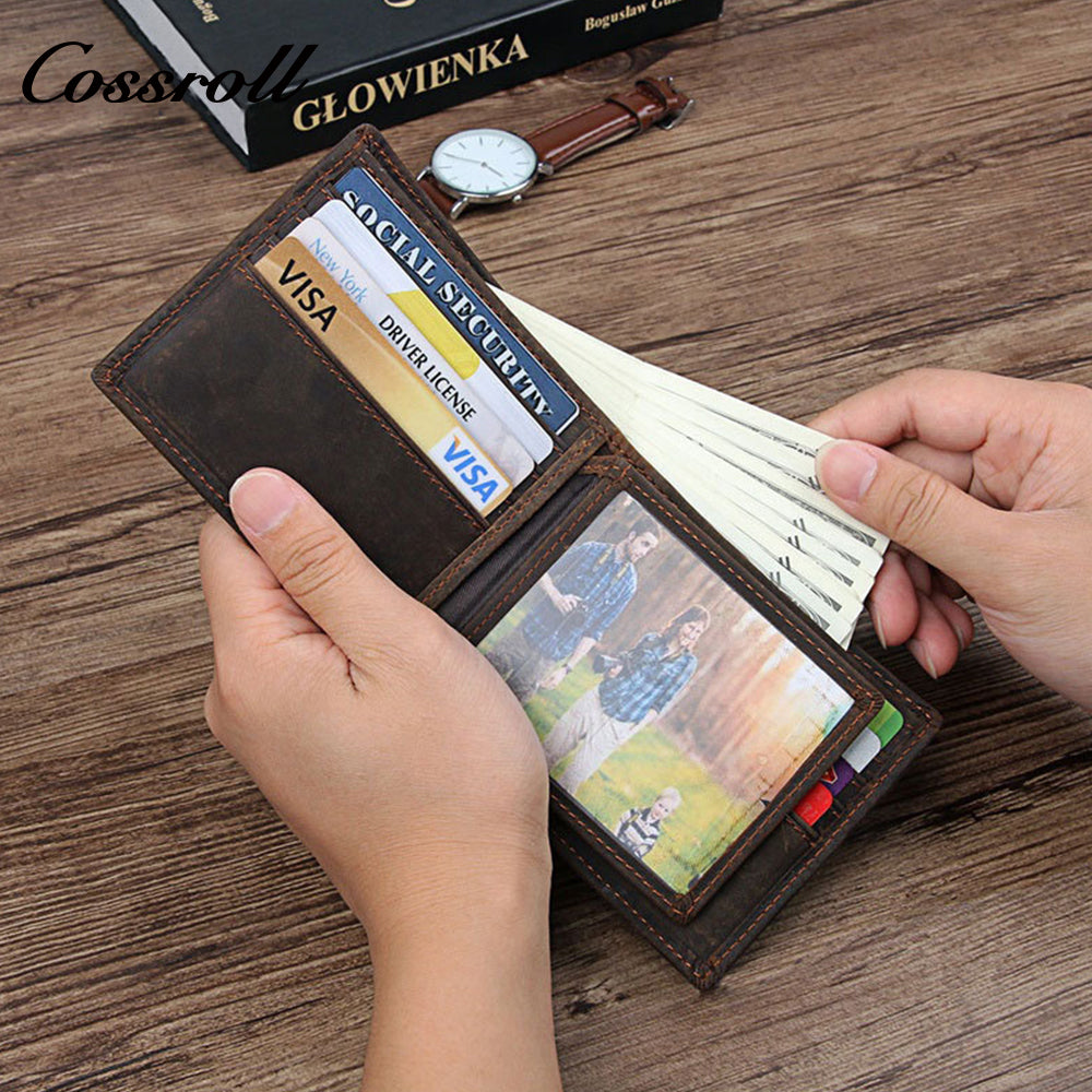 Men's Crazy Horse Leather Wallet, Large Capacity, Multiple Card Slots, Simple Short Design