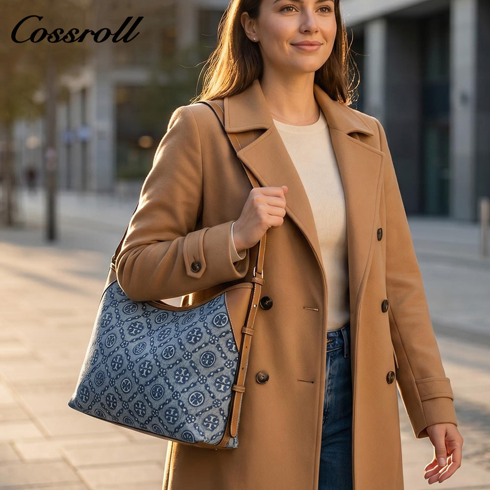 Women's Vintage All-Over Jacquard Denim Monogram Bag, Canvas Spliced Large Capacity Commute Shoulder Bag, Casual Monogram Underarm Shopping Bag