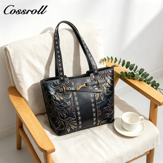 Vintage Embossed Leather Tote Shoulder Bag