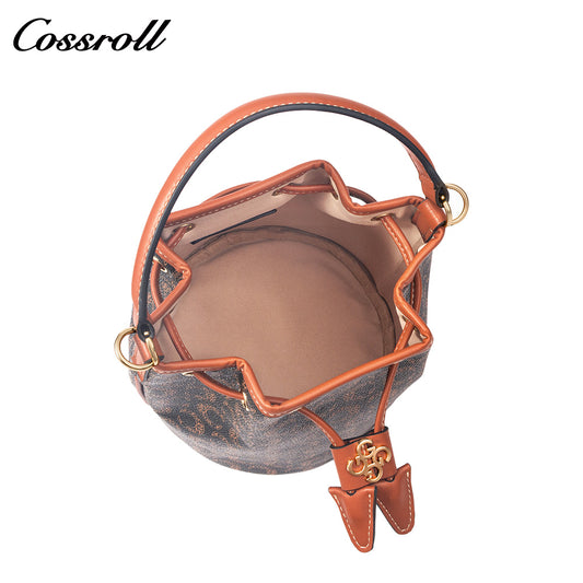 Women Vintage C Monogram Genuine Leather Bucket Bag, Drawstring Closure Top Handle Mini Purse, Versatile Shoulder & Crossbody Bag for Daily Shopping