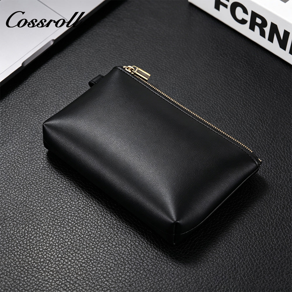 Genuine Leather Zipper Clutch, Minimalist Cowhide Pouch for Phone, Coins & Small Items
