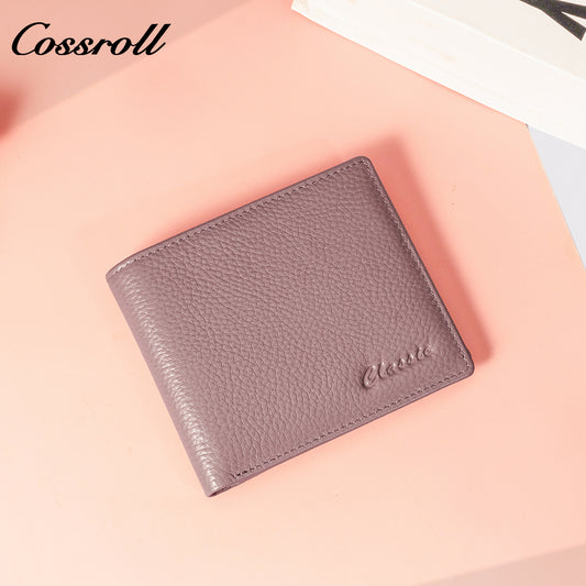 Women's top-grain cowhide leather wallet with anti-magnetic and anti-theft card slots, ultra-thin and compact design.