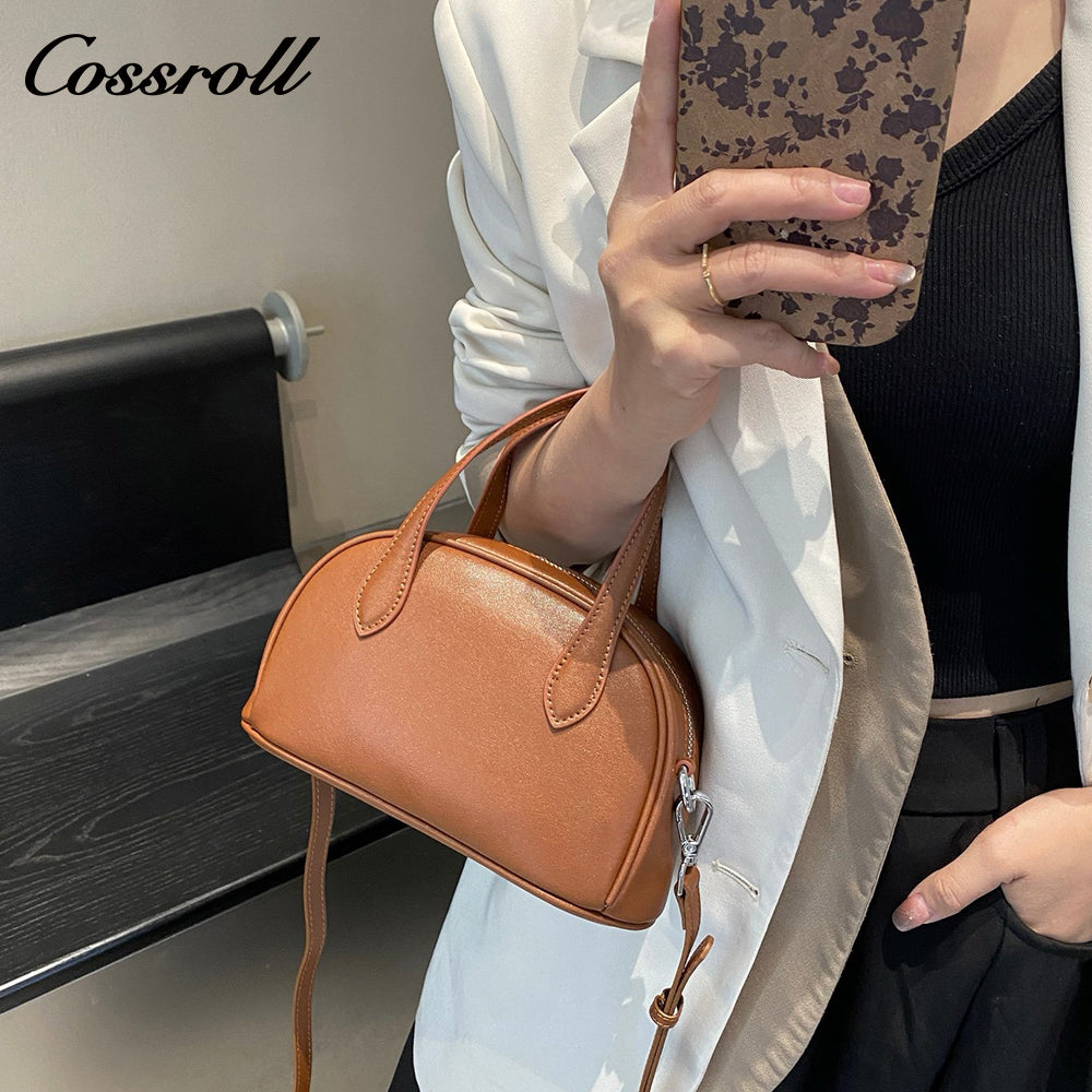 Genuine Leather Shoulder Crossbody Boston Bag Niche Vintage Tote Genuine Cowhide Bowling Bag