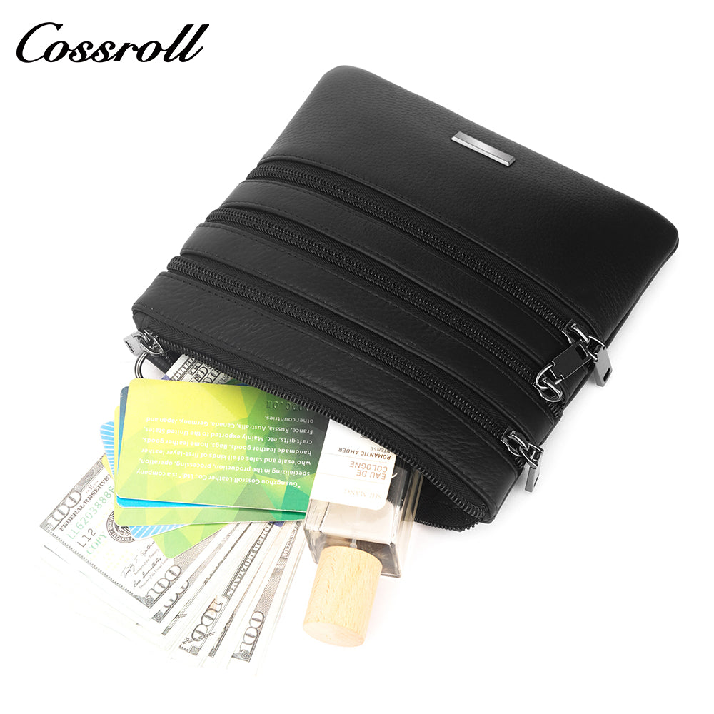 New Genuine Leather Unisex Crossbody Three Zipper MiniShoulder Bag Cowhide Personalized Small Purse