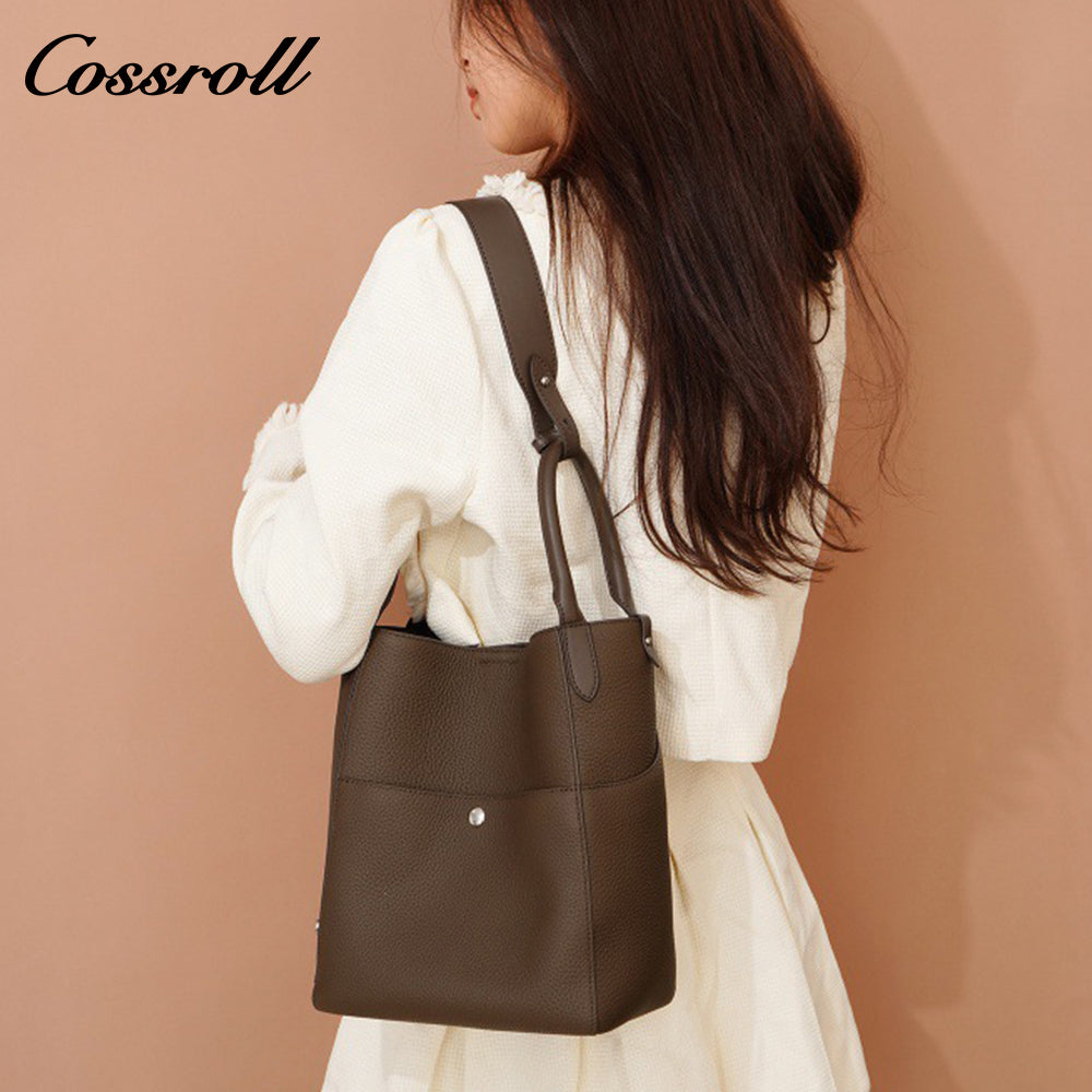 Genuine leather women's bucket bag, shoulder crossbody multi-pocket handbag