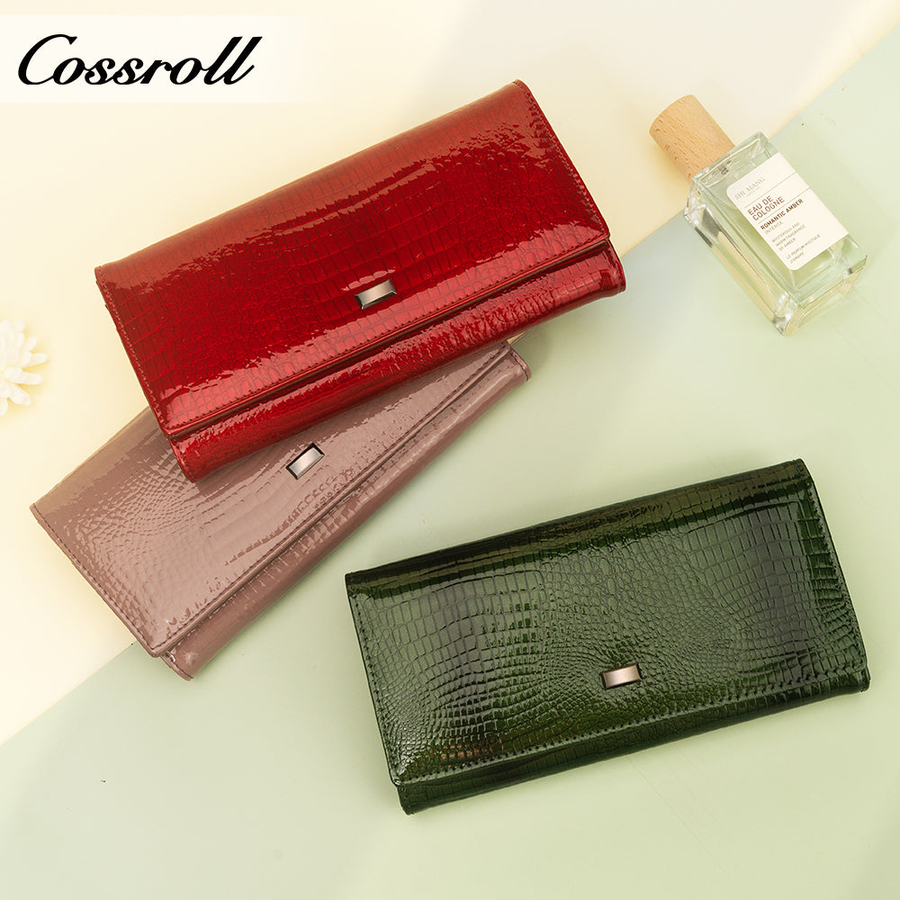 Europe and the United States crocodile leather patent leather wallet women's long money clip multi-card wallet manufacturers customized