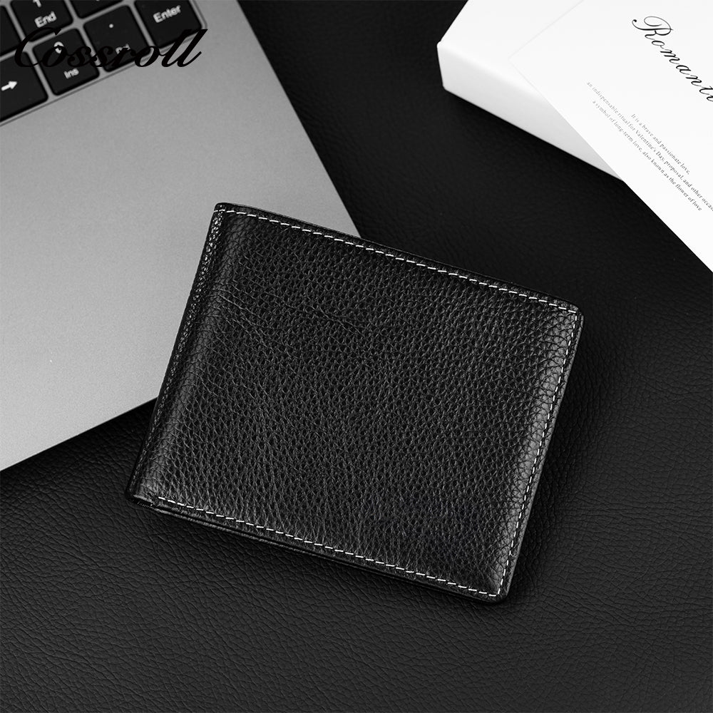 Head Cowhide Black Bifold Wallet with Coin Position Multi Card Position Hot Sale Classic Money Clip