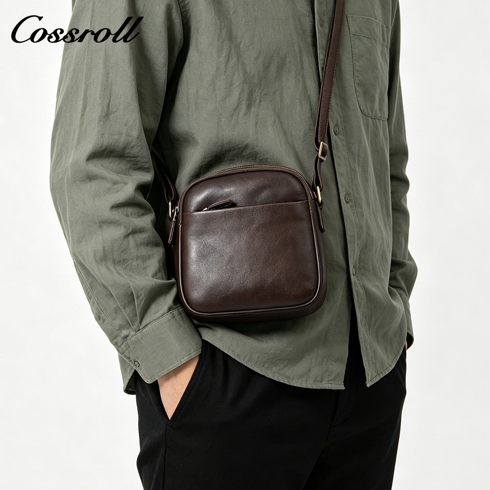 Men's Full Grain Leather Crossbody Bag, Multi-compartment Zipper Genuine Leather Shoulder Bag, Casual Everyday Carry Sling Bag