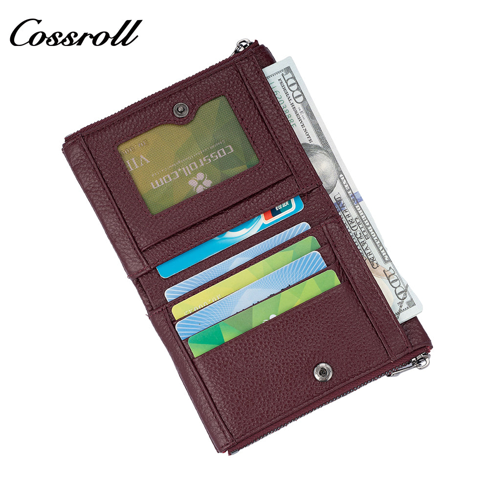 Women's top-grain cowhide wallet with multiple card slots genuine leather card holder and zippered coin pocket