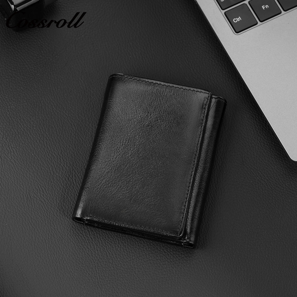 Genuine Leather Wallet Men's Head Layer Cowhide Black Trifold Wallet with Coin Position