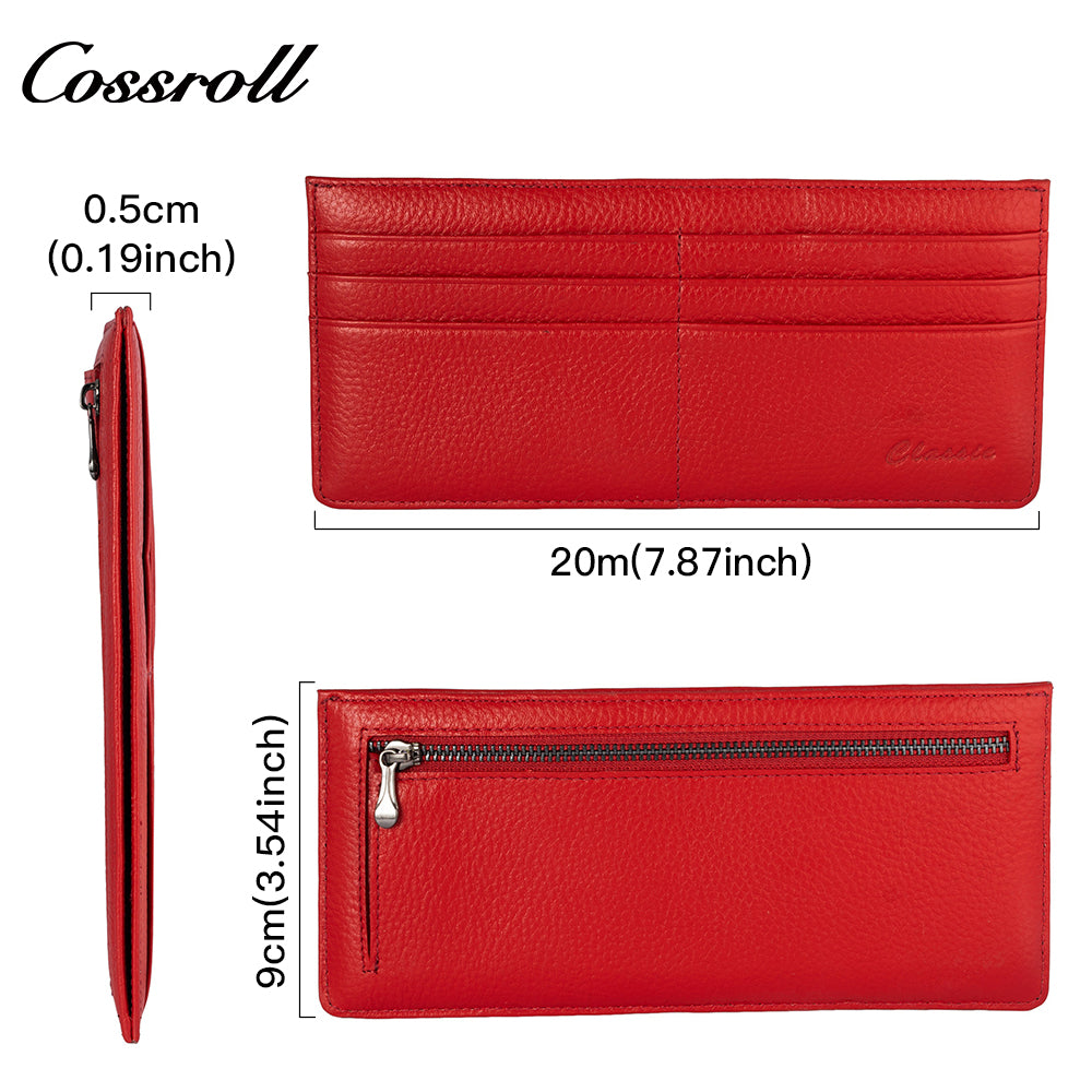 Long women's simple first layer cowhide solid color zipper card wallet ultra-thin purse purse Fashion design sense cowhide