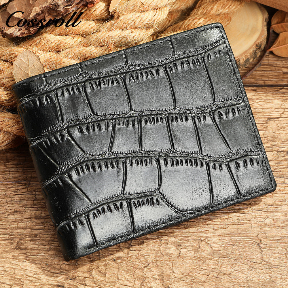 Men's short ultra-thin large capacity crocodile grain leather handmade money clip head layer cowhide