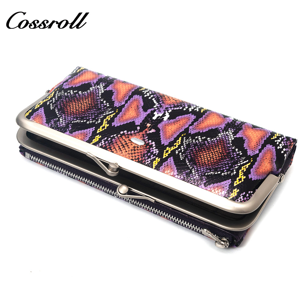 Manufacturers customized cross-border serpentine leather purse women's long cowhide multi-layer multi-card large capacity