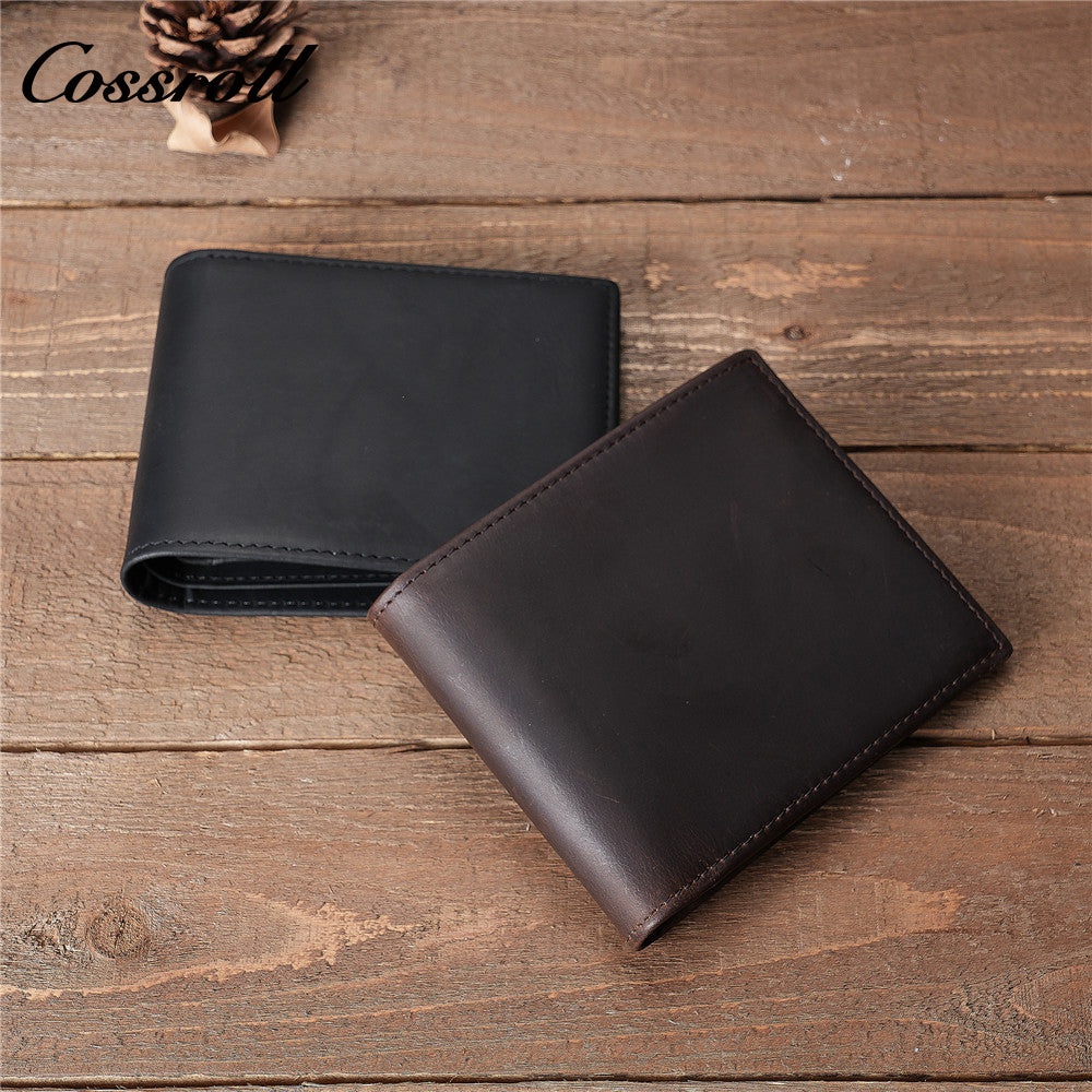 Men's Crazy Horse Leather Wallet, Top-Grain Cowhide, Tri-Fold Wallet