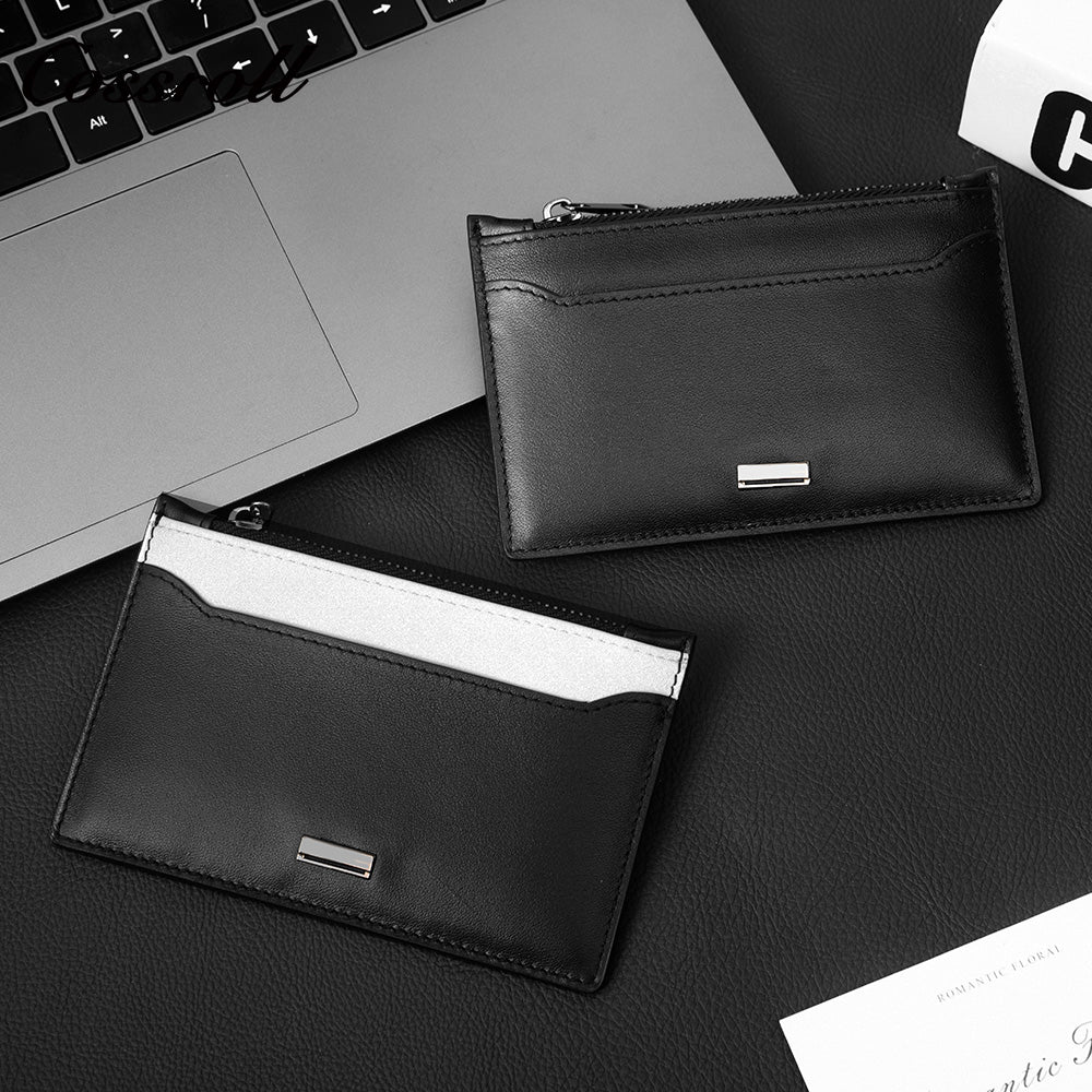 Genuine Leather Ultra Slim Zipper Card Holder, All-in-One Coin & Credit Card 2-in-1 Mini Portable Wallet for Men & Women