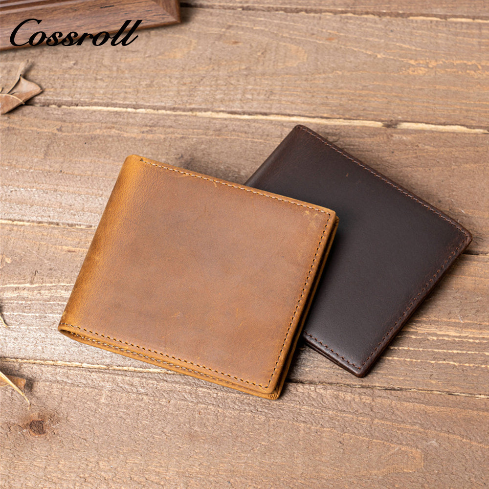 Top-grain crazy horse leather short wallet, vintage men's casual cowhide card and cash holder
