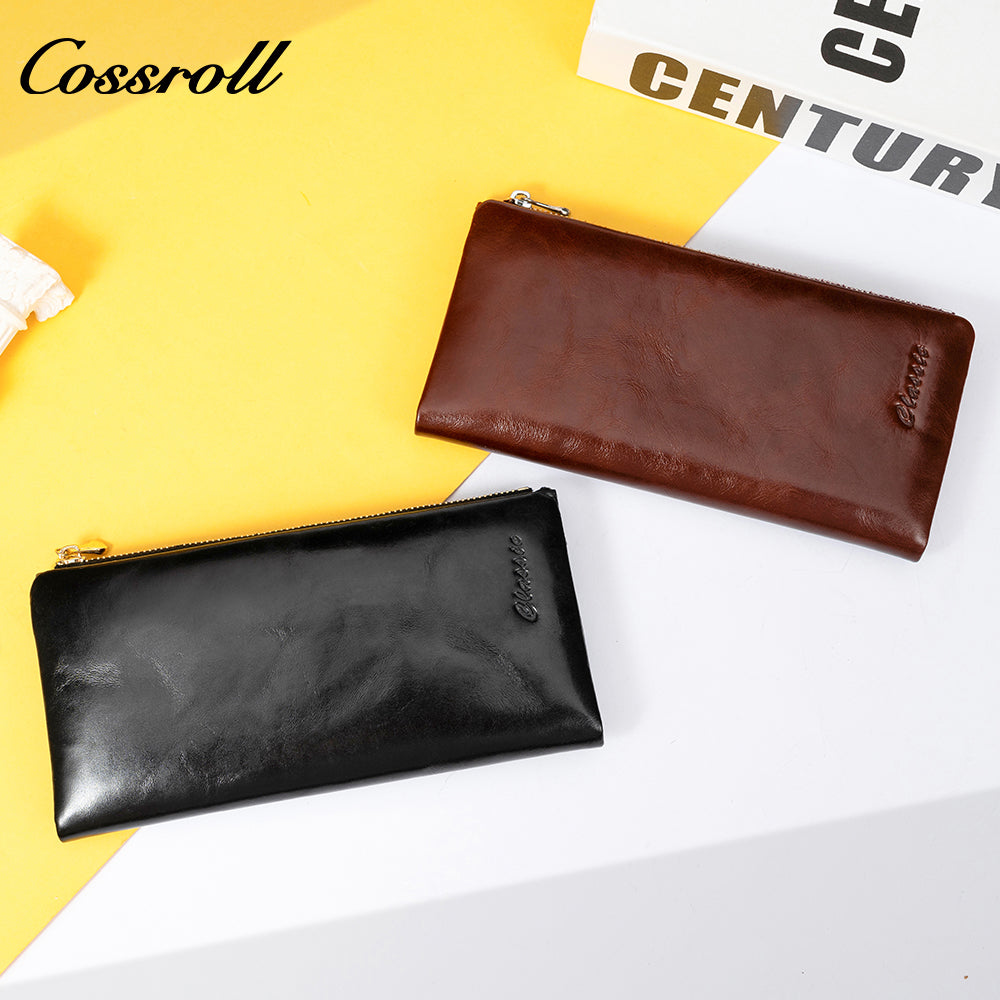 Factory Customized Women's Long Zipper Wallet Oiled Leather Money Wallet Vintage Dollar Clip