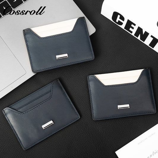 Solid Navy Genuine Leather Card Holder, Slim Multi-Slot Cowhide Card Case, Portable Mini ID Card Organizer