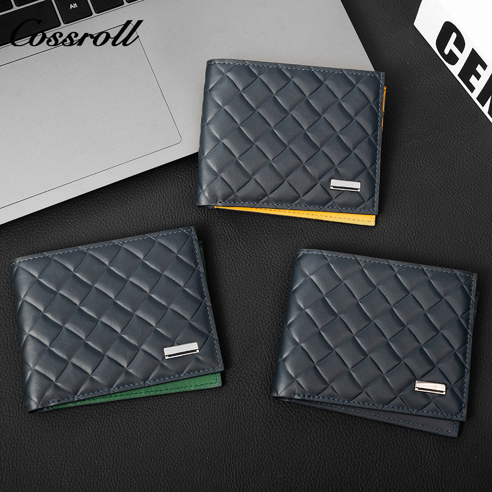 Diamond Quilted Embossed Genuine Leather Men's Wallet, Slim Business Bifold Purse with Contrast Bright Yellow Lining