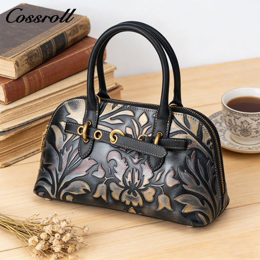 Vintage Embossed Leather Shell Bag for Women, Hand-Carved Handbag & Crossbody Purse