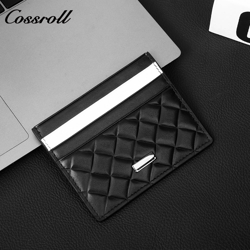 Slim Genuine Leather Card Holder with Diamond Quilted Embossing, Multi-Slot ID & Business Card Case