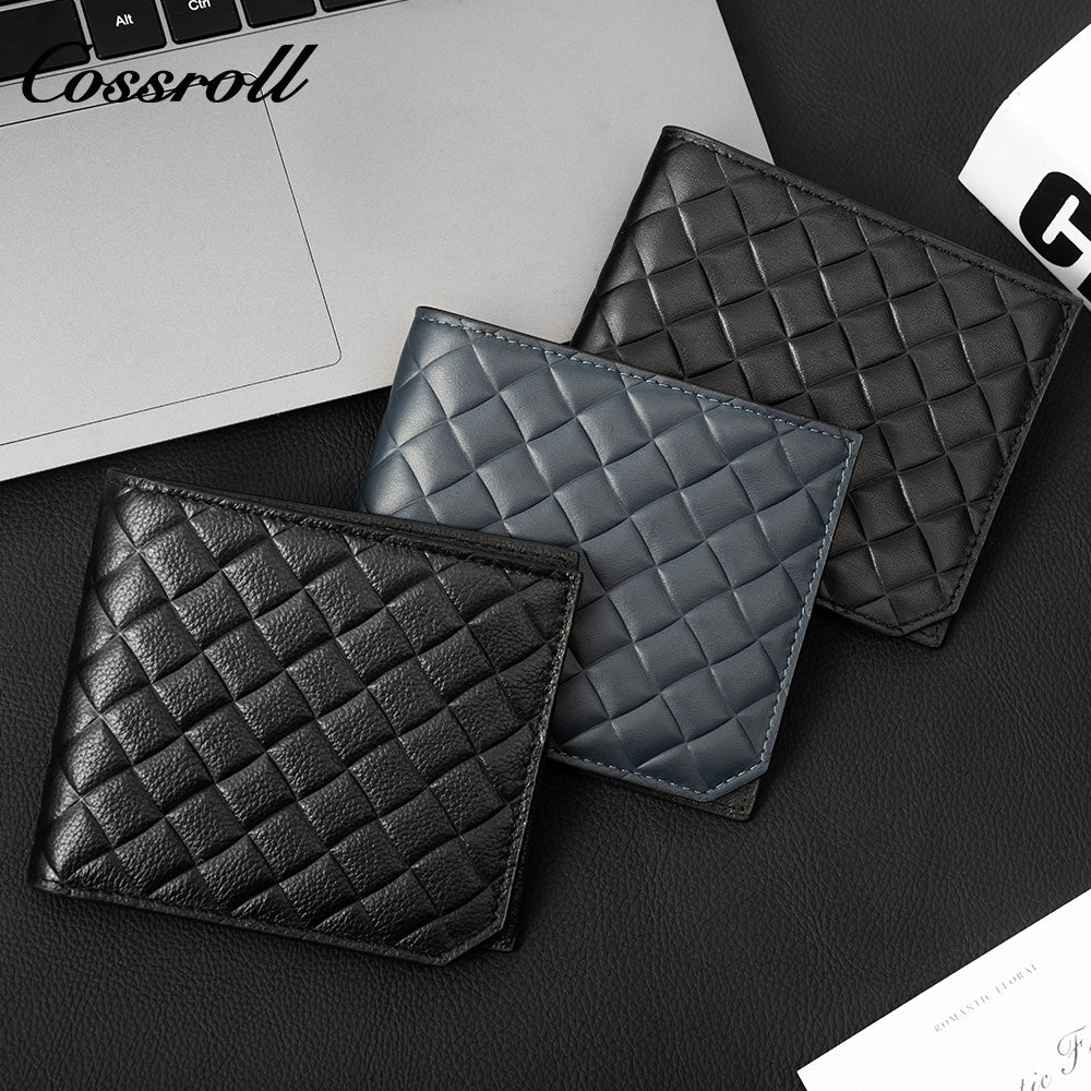 Men's Diamond Quilted Genuine Leather Bifold Wallet, Multi-Slot Ultra Slim Short Purse for Business & ID Cards