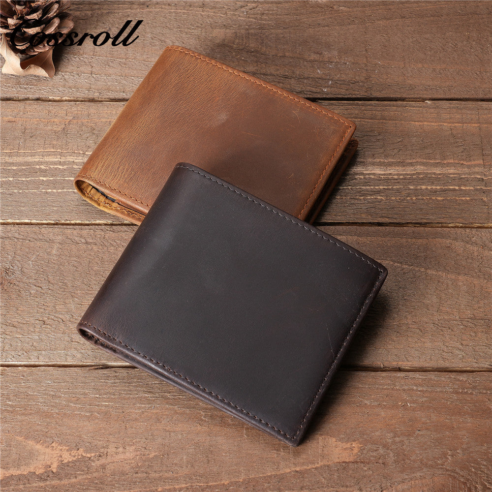 Men's Crazy Horse Leather Wallet, Top-Grain Cowhide, Tri-Fold Wallet