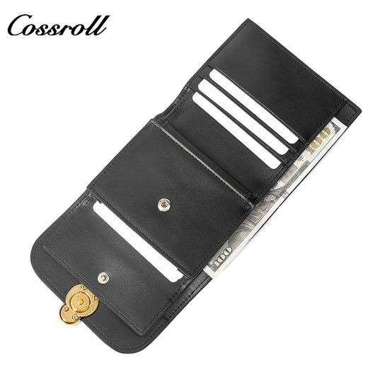 Women's Short Bifold Minimalist Genuine Leather Wallet with Vintage Gold C-Shape Turn Lock, All-in-One Compact Clutch for Multi-Slot Cards, Coins & ID Documents