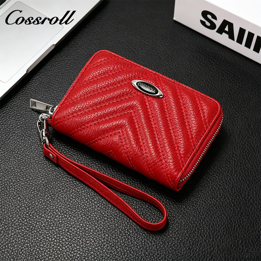 Women's Litchi Grain Cowhide Coin & Card Wallet, Chevron Quilted Wrist Clutch, Multi-functional Card & Coin Storage Pouch