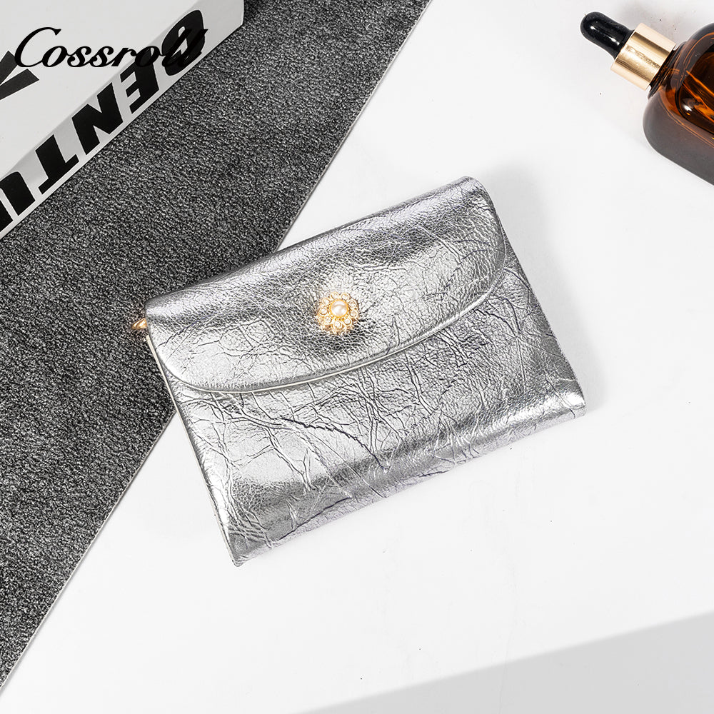 New style first layer cowhide printed bright color coin purse ladies multi-function button bag