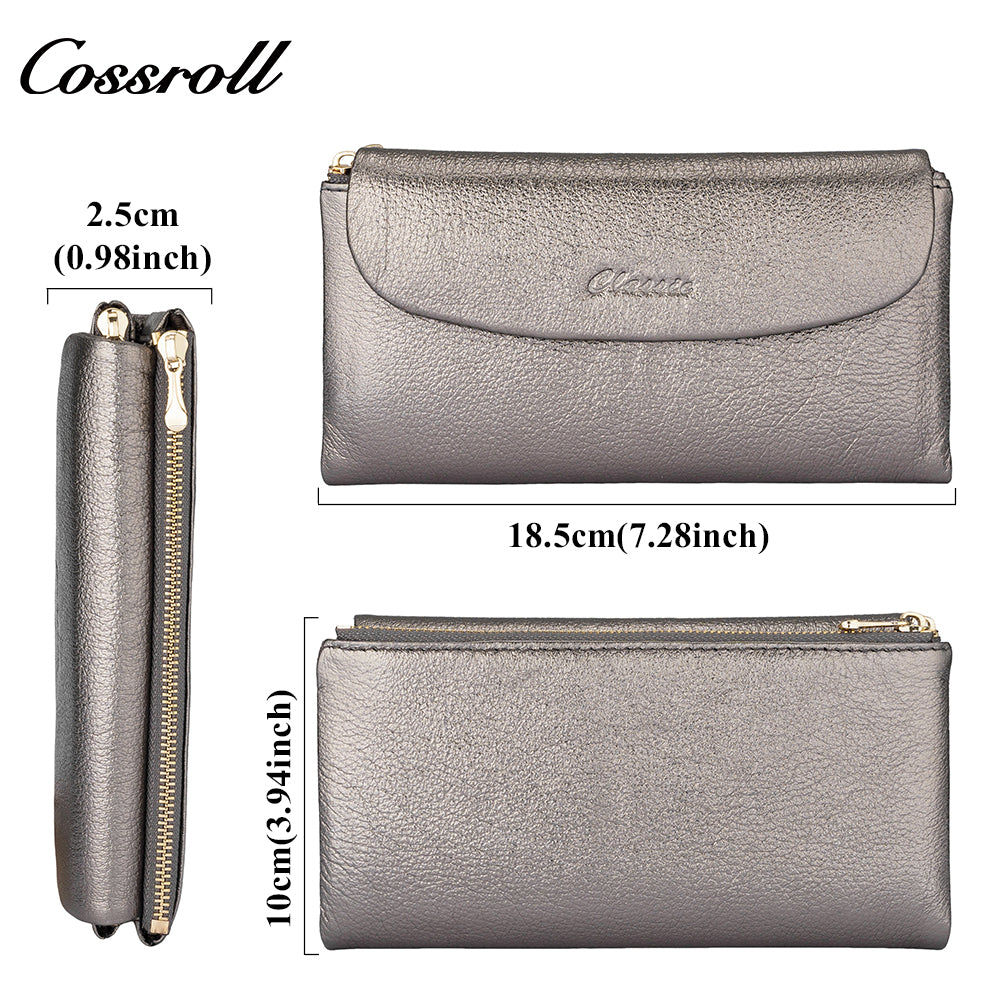 Genuine Leather Long Large Capacity Zip wallet Bright Silver Face Clutch Wallet