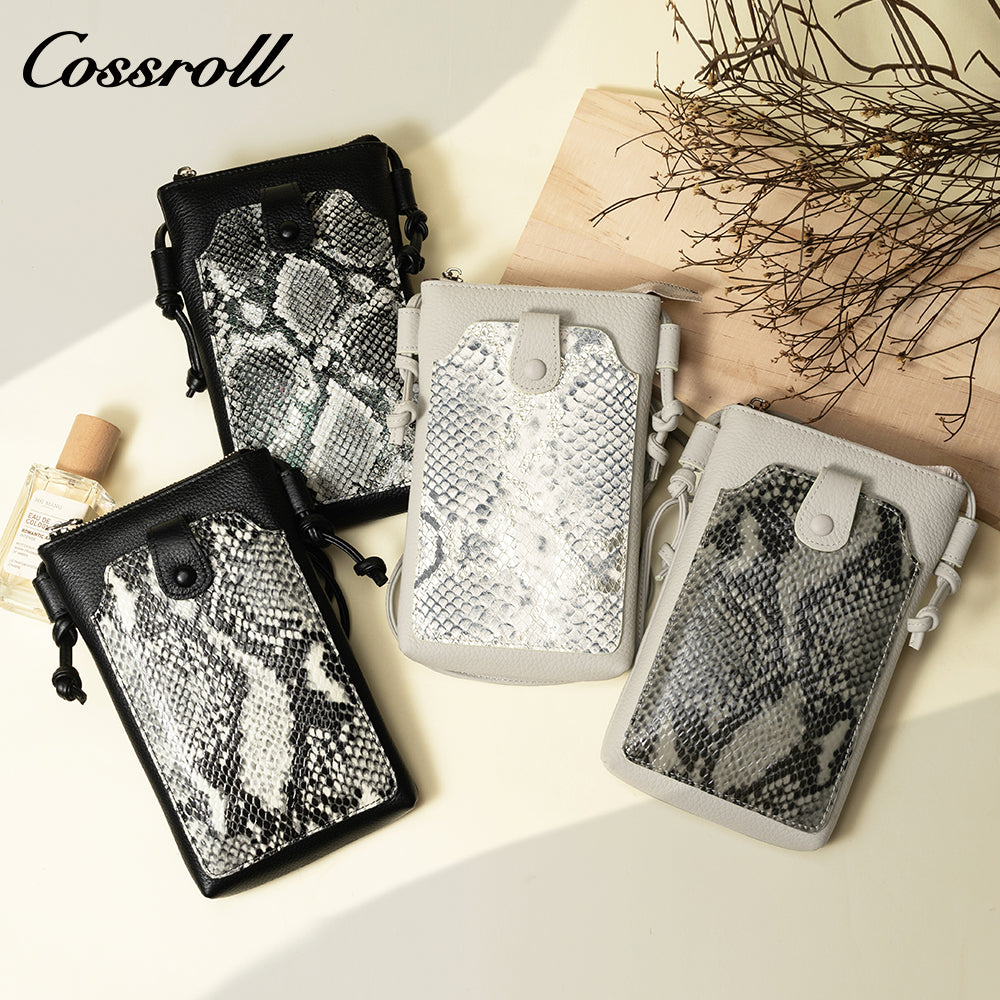 Cowhide python splicing crossbody bag small mobile phone bag women's 2024 new leather vertical bag cover leisure purse