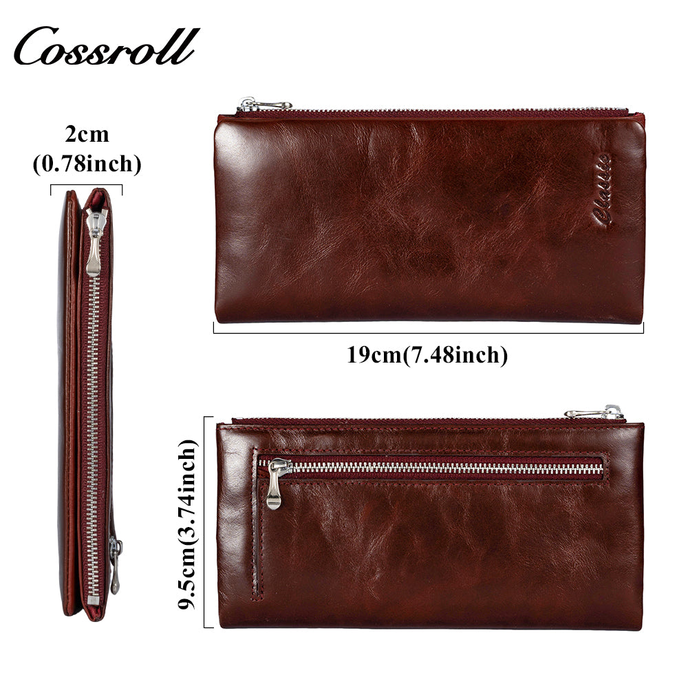 Factory Customized Women's Long Zipper Wallet Oiled Leather Money Wallet Vintage Dollar Clip