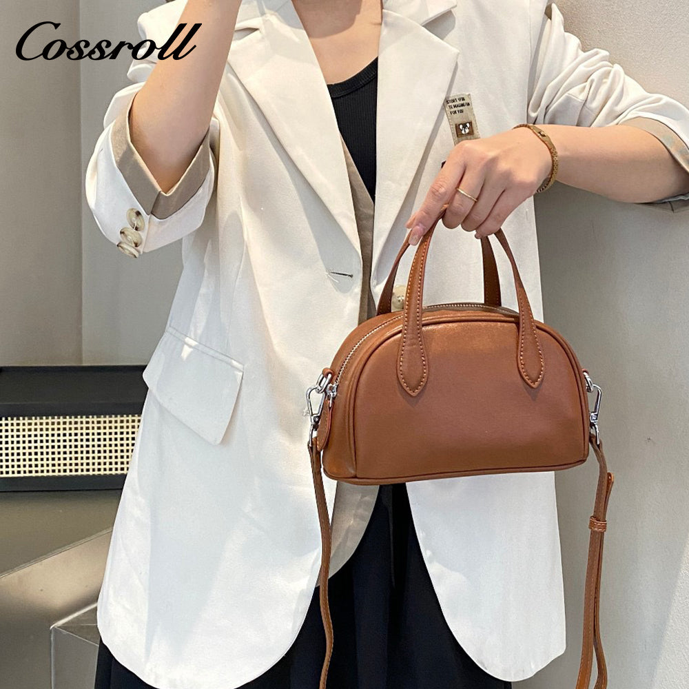 Genuine Leather Shoulder Crossbody Boston Bag Niche Vintage Tote Genuine Cowhide Bowling Bag